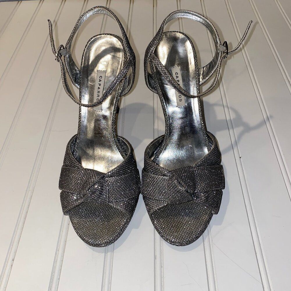 Caparros Metallic Silver Evening Heels Peep Toe Ankle Strap Dress Shoes 8M